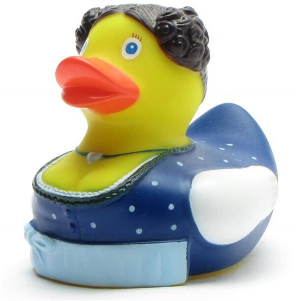Zenzi mit blauer Schürze und Herzamulett Badeente